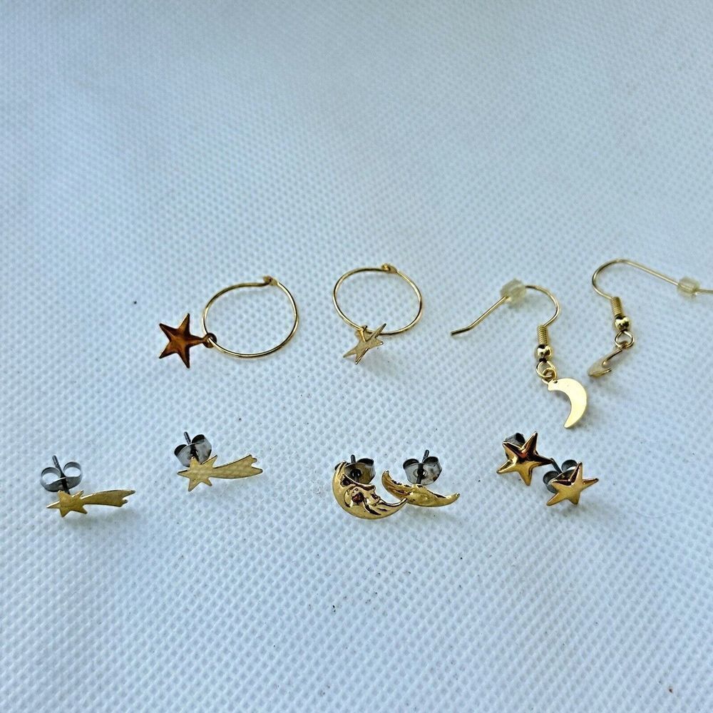 New Gold Tone Crescent Moon Stars Celestial Stud & Dangle Earrings Lot of 5
